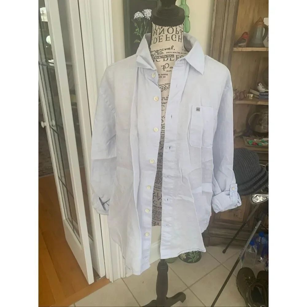 Quiksilver Button Up Shirt Mens Size Small Blue Striped White Long Sleeve